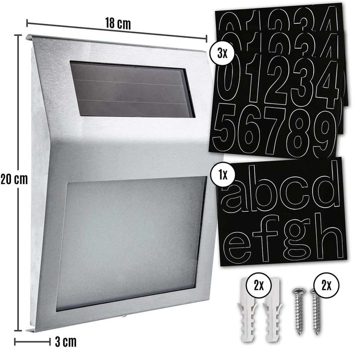 Panou numar de casa cu iluminare solara LED din inox argintiu 18x20 cm