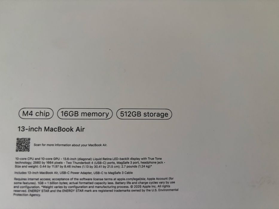 Macbook air 13 m4 16/512 silver