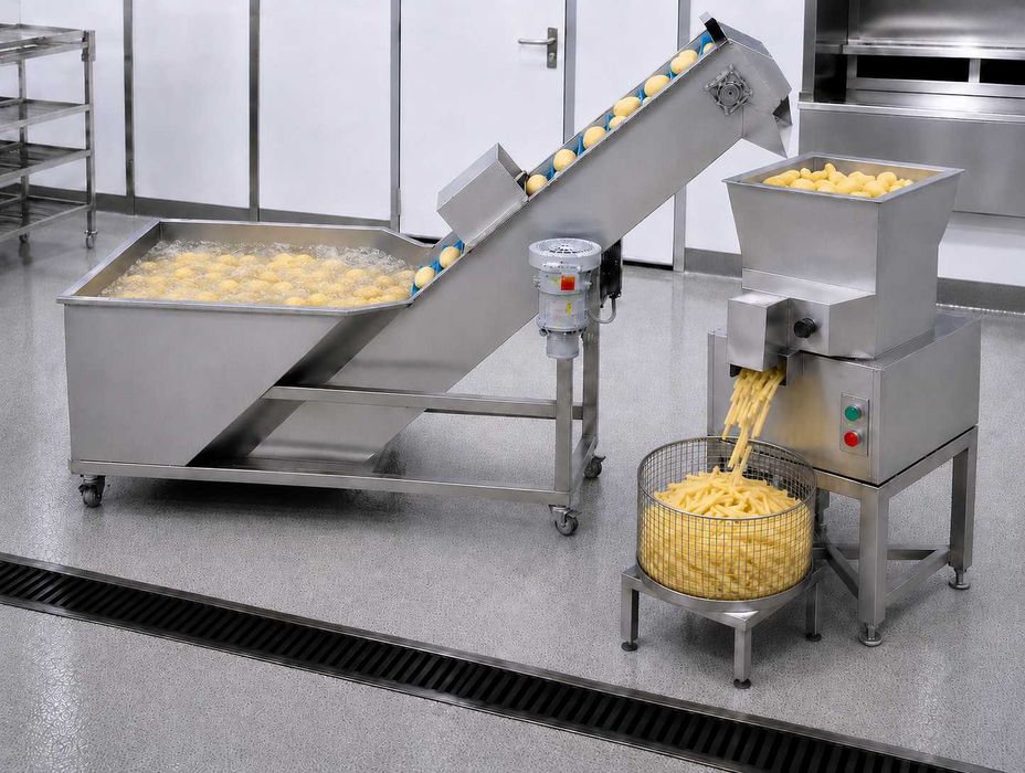 LINIE PROFESIONALĂ PENTRU PRODUCȚIA ȘI AMBALAREA CARTOFILOR TIP FRENCH FRIES – SPĂLARE, CURĂȚARE, TĂIERE, USCARE ȘI VIDARE