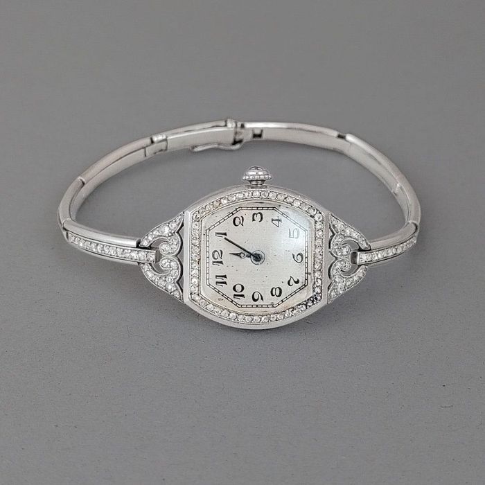 ceas Art Deco din platina cu diamante, Franta, functioneaza, certif.