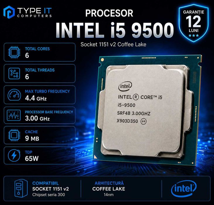 Procesor Intel i5 9500 socket 1151 V2 gen. 9 + pasta, Garantie 1 an