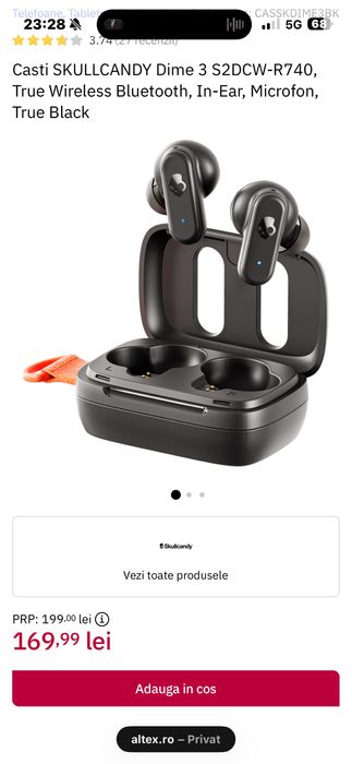 Casti SKULLCANDY Dime 3 S2DCW-R740, True Wireless Bluetooth, In-Ear, Microfon, True Black