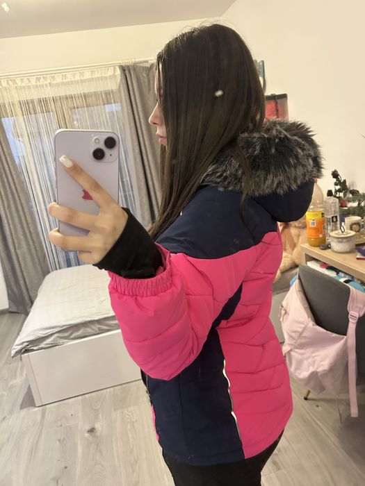 Geaca LOAP ski roz-albastru inchis cu gluga cu blaniță