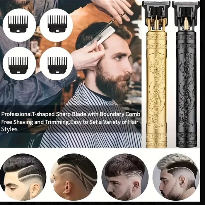 Set Profesional de Tuns Păr și Barbă, Design Auriu și Negru, Baterie Reîncărcabilă Litiu, Kit Electric de Tuns Păr cu Încărcare USB și 4 Piepteni
