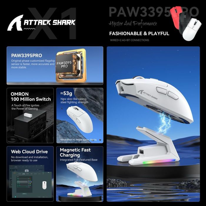 Mouse Atack Shark X1 PAW 3395 PRO reincarcabil negru