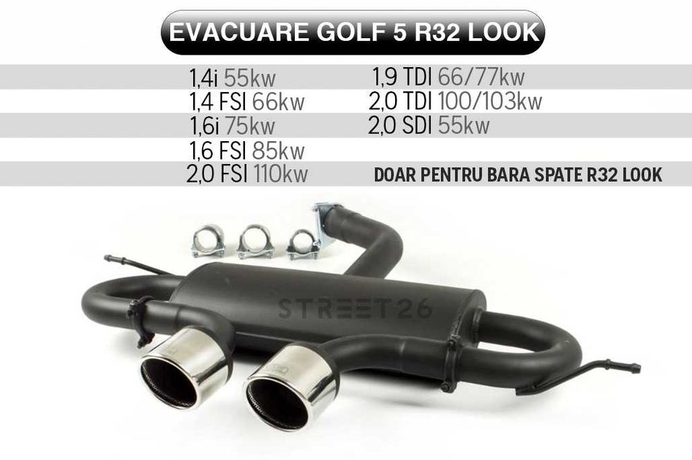 Prelungire bara spate cu sistem de evacuare stil R32 pentru VW Golf 5