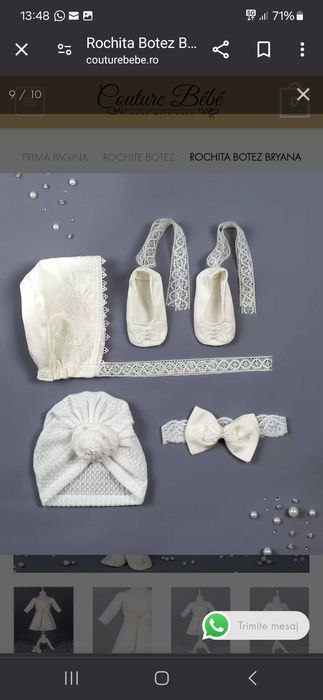 Rochita botez Couture Bebe 3-6 luni cu botosei si boneta