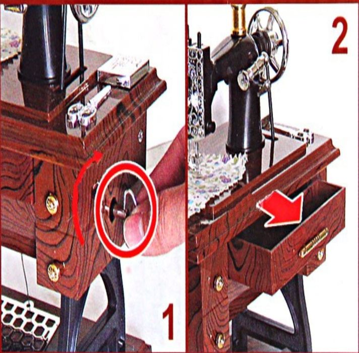 Музыкальная шкатулка выполнена в виде старинной швейной машинки