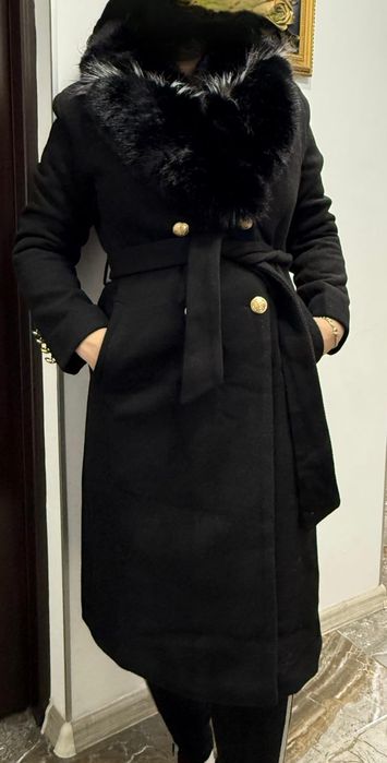 Palton elegant dama MABELL, cu blana si inchidere cu butoni aurii