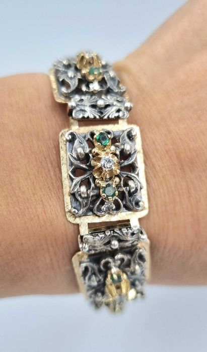 Piesa exceptionala! Bratara veche art nouveau aur 18 k, diamante si smaralde naturale