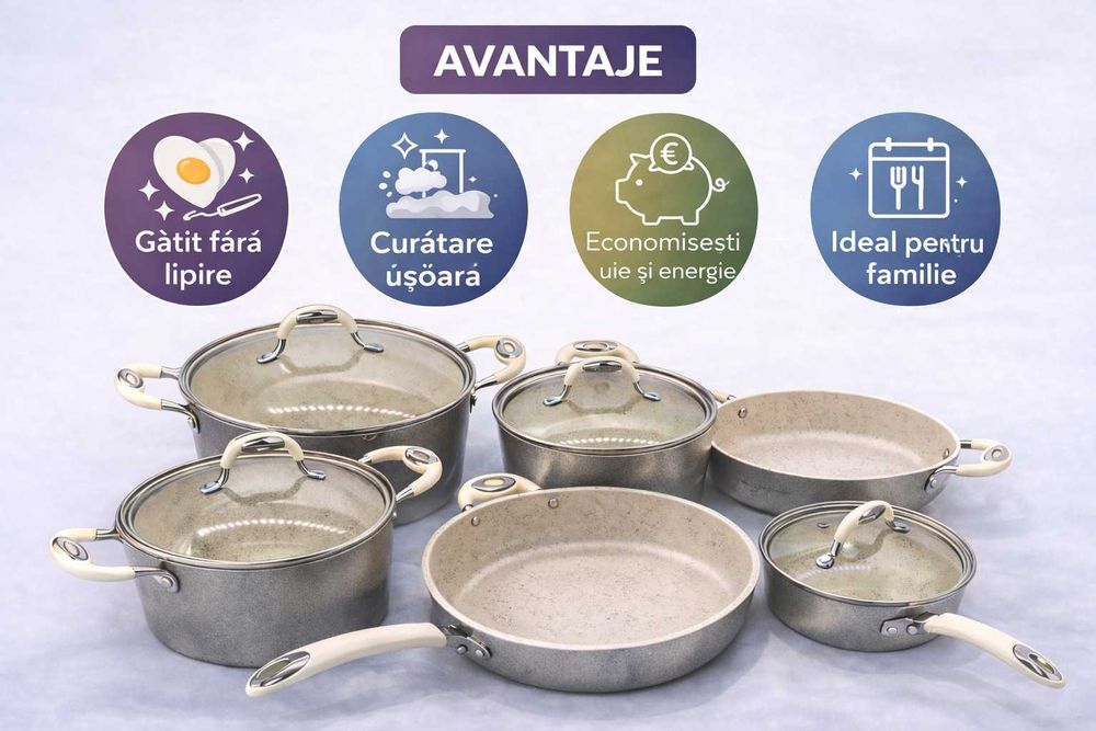 Set oale marmorate 10 piese antiaderente gatit complet