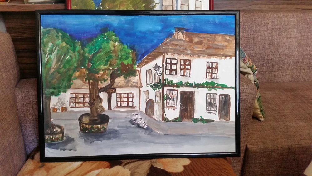 Синьо небе. Пейзаж, рисуван на ръка. Голям размер.