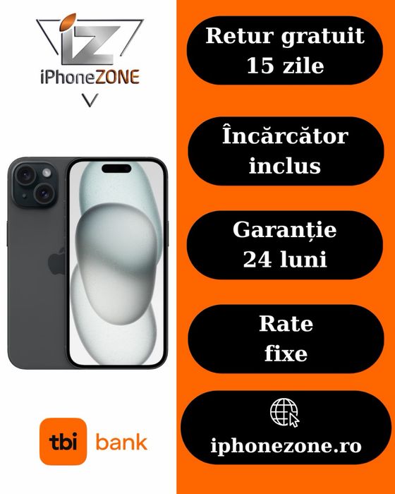 Iphone 15 128GB 100% Negru Garantie Rate BuyBack - iphonezone.ro