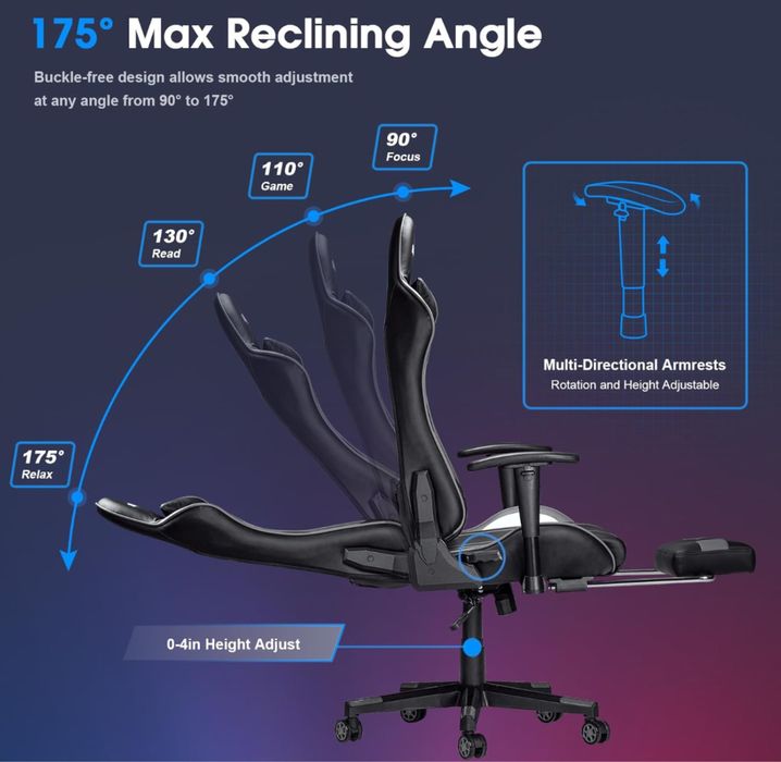 Масажен 7 точков геймърски стол с приставка за крака!
