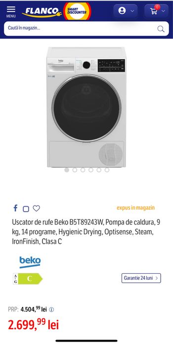 Vand uscator de rufe Beko 9kg - pompa de caldura