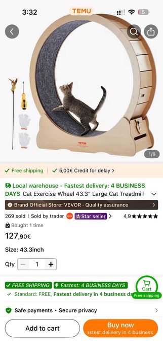 котешко голямо дървено колело играчка за тичане за котка като ново