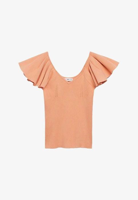 Bluza cu volane, siluetă mulată. culoarea piersicii,,maneci straturi.