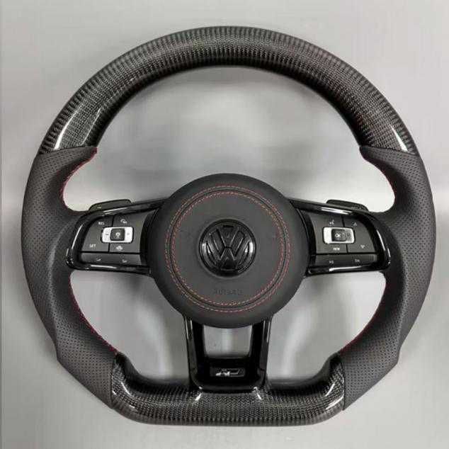 VW R спортен волан – карбон и кожа с червени шевове