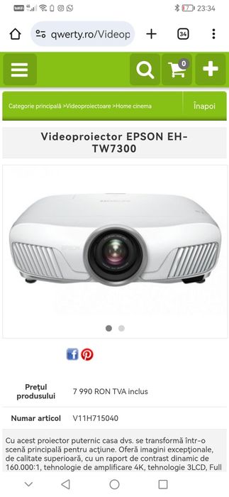 Videoproiector Epson EH-Tw7300 UHD 4K  2300 ansi lumeni