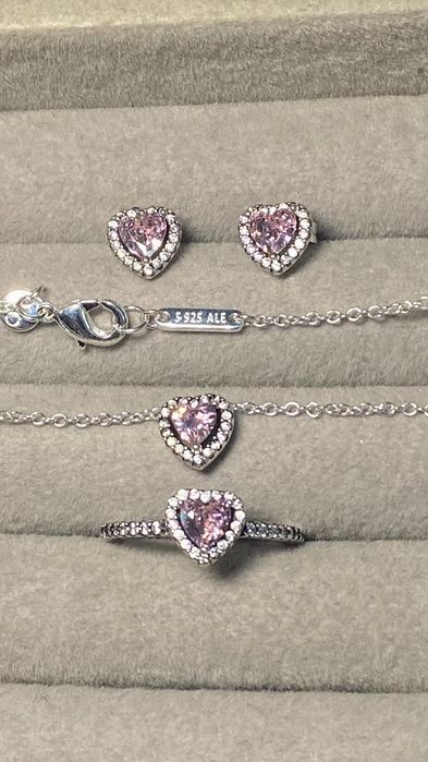 Ofertă! Set Argint PANDORA Roz Inimă S925 – Cercei, Lanț, Inel 54 EU / 7 US