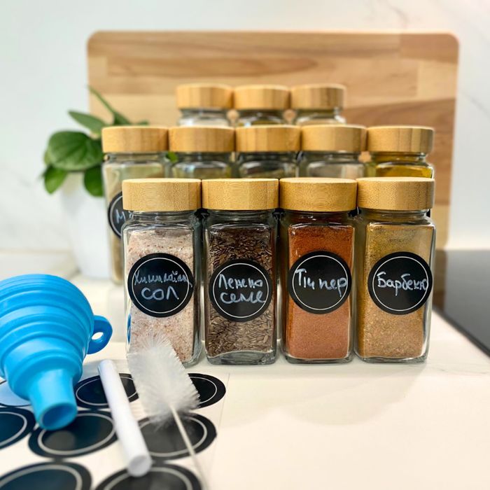 12 бурканчета за подправки-бамбук + 12 Етикети, маркер, фуния