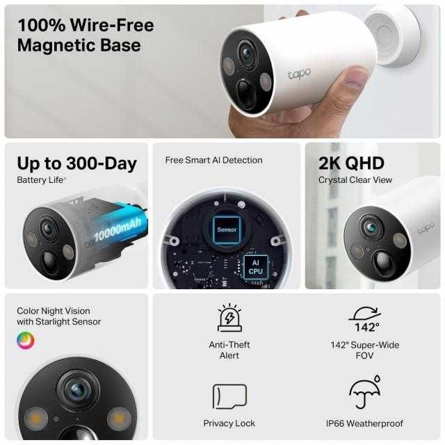 Охранителна WiFi камера TP-Link Tapo C425, Външен/вътрешен монтаж, WiF