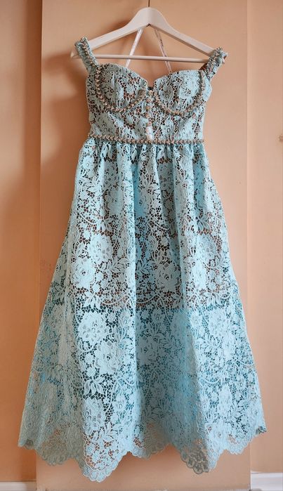 Рокля Self-portrait S/XS/UK8 синя дантела официална midi корсет криста