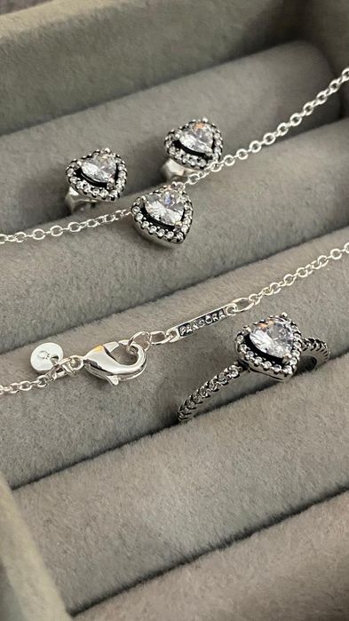 Set Complet Argint PANDORA  – Inel mărimea 54, Cercei și Lanț cu Inimă