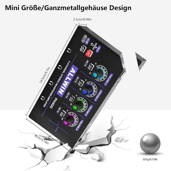 ALLWIN 4-канален мини усилвател за слушалки, метален моно/стерео