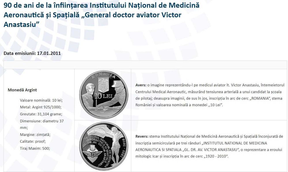 Moneda BNR 10 lei argint Med Aeronautica Spatiala gradata NGC PF 69