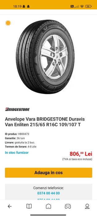 Set 2 Anvelope 215.65.R16C 109/107T Bridgestone vara Noi Dot 2423