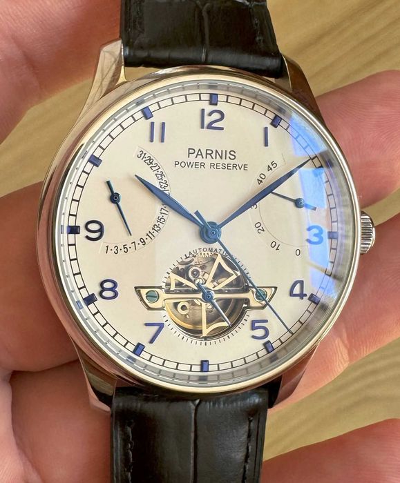 Parnis Portuguese 43 mm Automatic Power Reserve Flywheel Alb