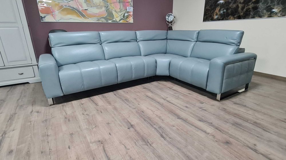 Сиво - син кожен ъглов диван "Marvella"