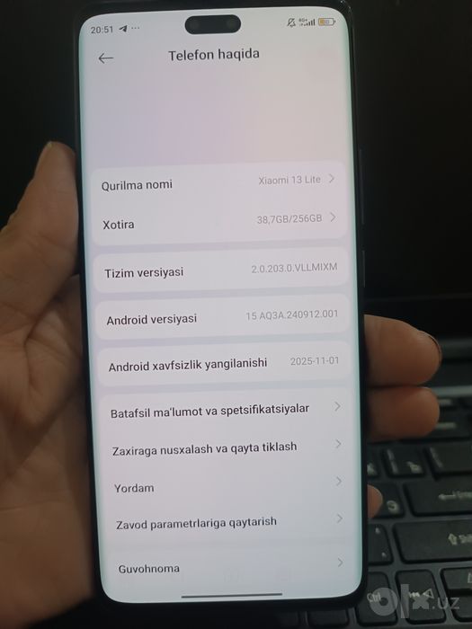 Xiomi 13 lite xolati ideal 8/256 ochilmagan karopka dakument bor