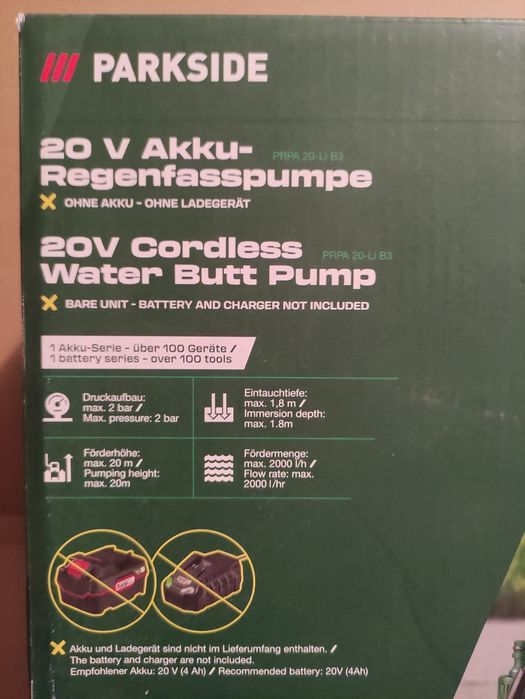 Pompa de apa de ploaie pentru butoi Parkside pe acumulator de 20 V