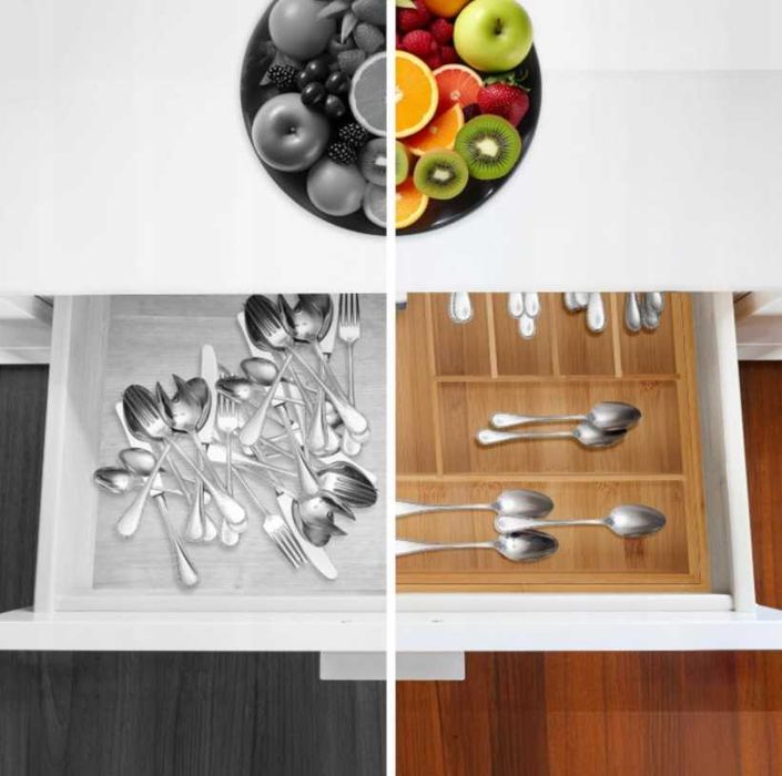 Кухненски бамбуков органайзер за прибори за чекмедже, разтегателен