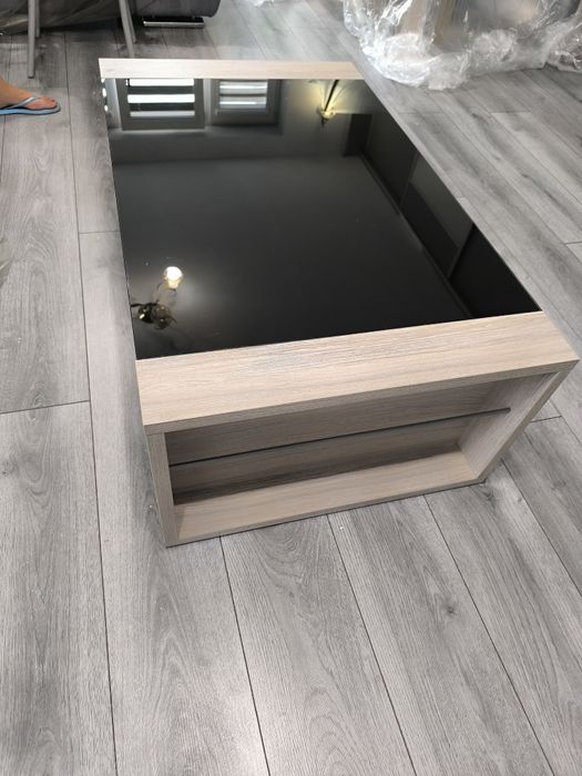 Set mobilier living – masă dining + măsuță cafea + 2 polițe perete, sticlă neagră