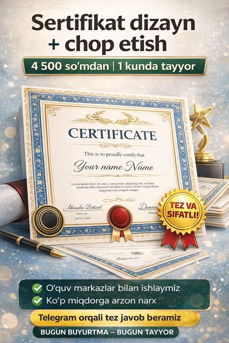 “Kompyuter xizmatlari Tarjimayu Hol  Sertifikat, diplom dizayn | TEZ |