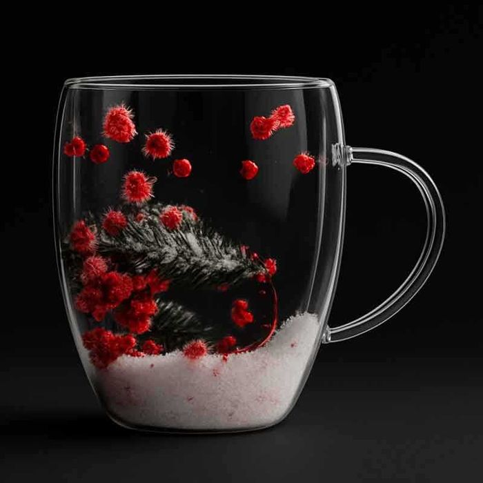 Термо стъклена чаша с цветя и коледни акценти, 300 мл