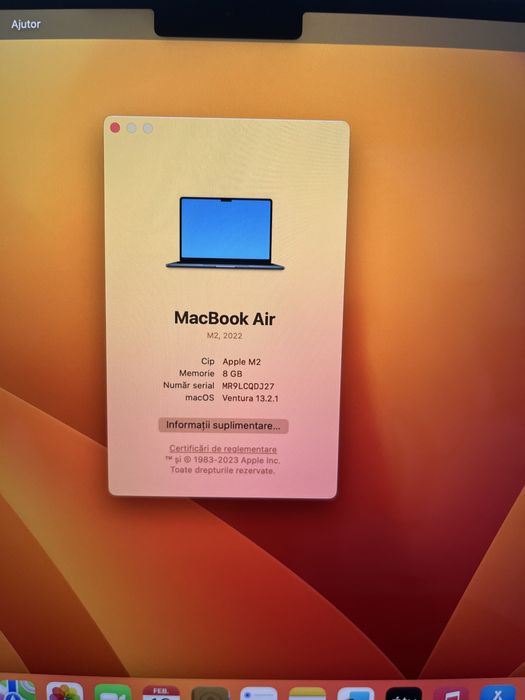 MacBook air M2 256gb 8gb ram  doar 23 cicluri de incarcare