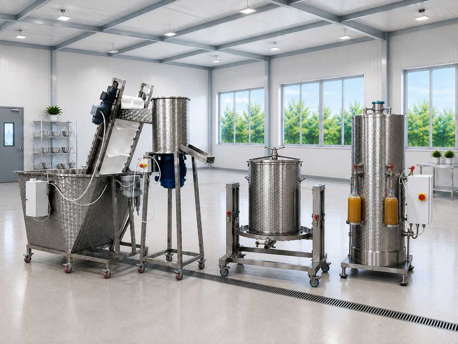 Linie productie suc natural din rosii, mere, pere, gutui - spalator, tocator, desamburitor, presa, pasteurizator electric cu umplere in sticle/pungi