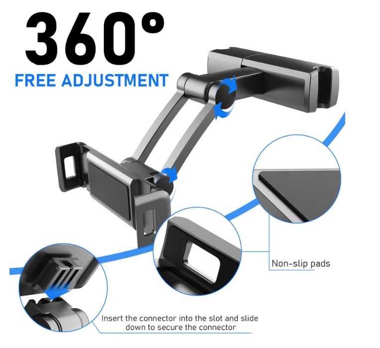 2 x Suport tetiera telefon/tableta, Rotire 360, 4.7-12.3'', Negru