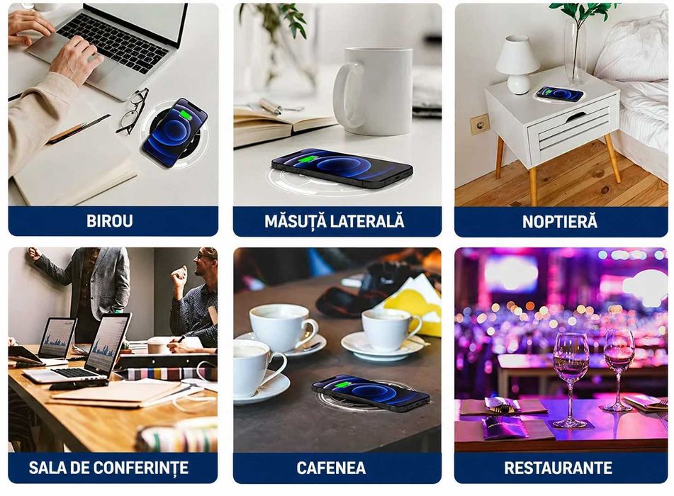 Încărcător Wireless cu Distanță Mare 30mm – Montaj Ascuns Sub Birou / Mobilier