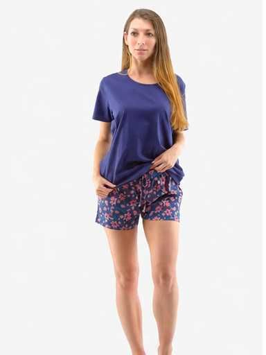 Gina Pijama dama din bumbac, tricou cu maneca scurta si pantaloni scurti cu imprimeu floral, albastru, marimea XL