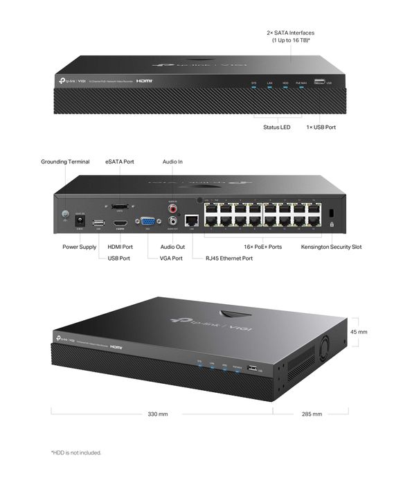 TP-Link VIGI NVR2016H-16P 16-канал сетевой видеорегистратор сPoE 1.4