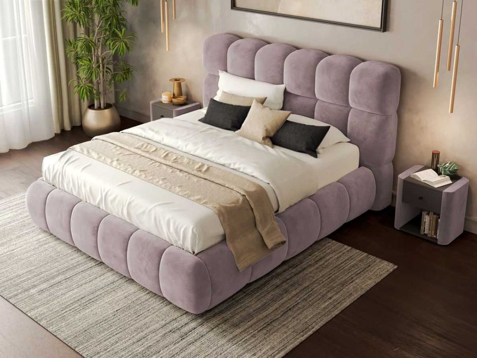 Pat Tapitat Espera tip bubble cu somiera fixa Roz Velluto 14 - Transport Gratuit