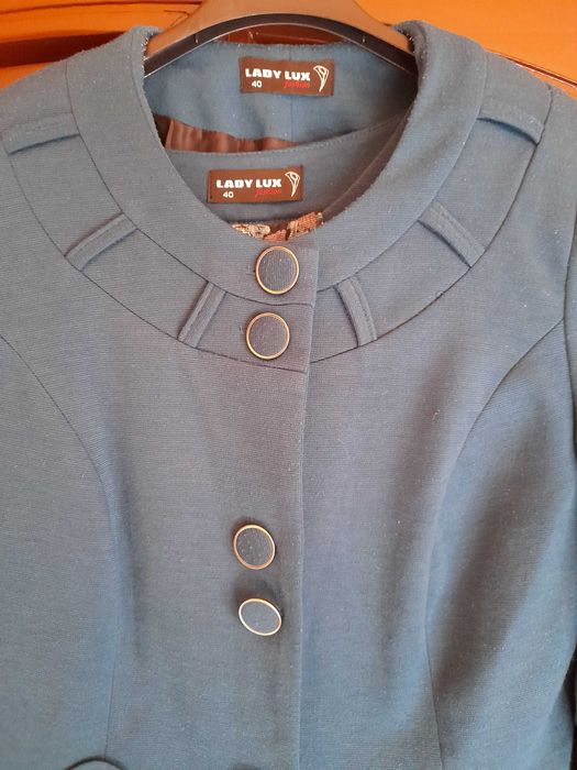 Costumas dama din jerse, rochita model floral si sacou turchiz - 40