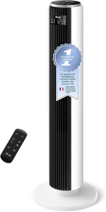 Колонен вентилатор Levoit, тих 20dB, DC мотор 7.9m/s, 26W, осцилиращ на 90° с 12 скорости, 12-часов таймер, 4 режима, LED дисплей, дистанционно