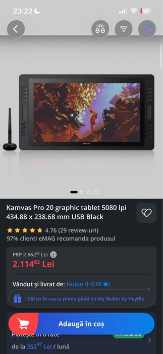 Tableta grafica Kamvas Pro 20, rezolutie 5080 lpi, dimensiune 434.88 x 238.68 mm