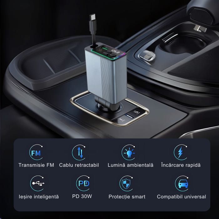 Modulator FM NETSTAT® Bricheta BT 5.3 QC3.0+PD30W Cablu Retractabil